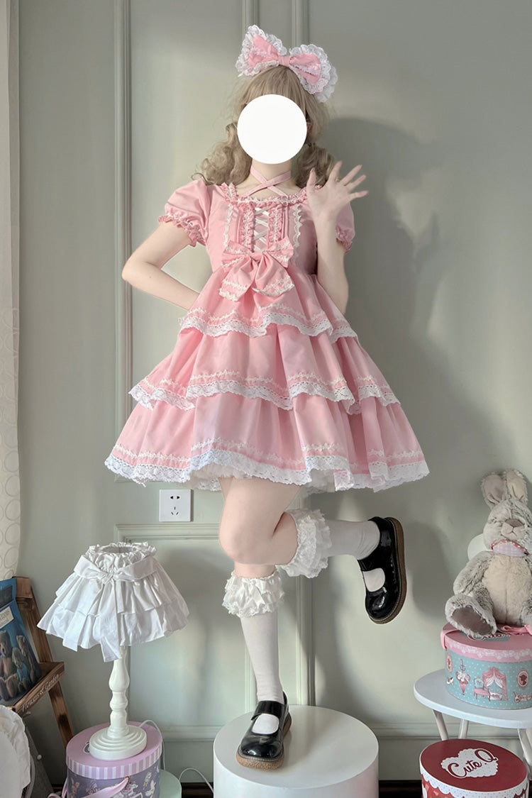 Pink Triple-Layered Detachable Sleeves Bowknot Lace-Up Sweet Lolita Dress
