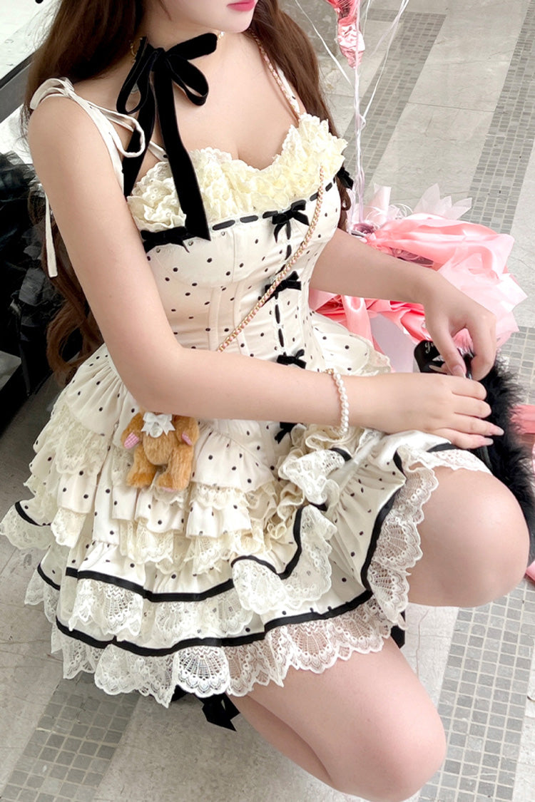 Ivory Paris Holidays Multi-Layered Polka Dots Print Ruffle Lace Fishbone Sweet Lolita Skirt Set