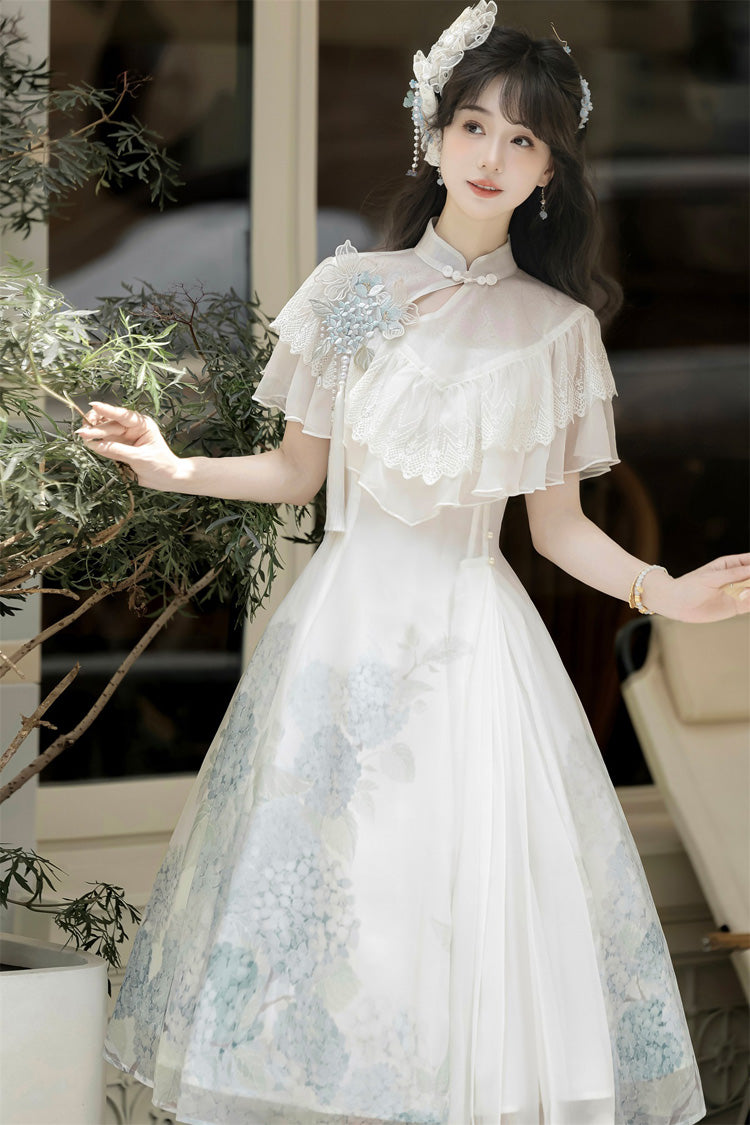 White Hydrangea Message Short Sleeves Print Ruffle Lace Sweet Chinese Style Elegant Lolita Short Dress