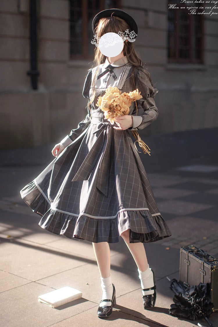 Grey Plaid Print Ruffle Bowknot Classic Vintage College Style Elegant Lolita Dress