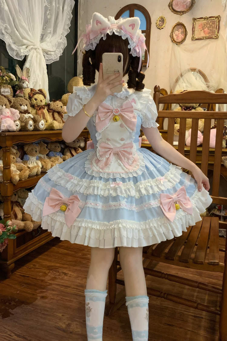 Blue Meowling Sweet Maid Sleeveless Multi-Layered Ruffle Bowknot Lace Sweet Princess Lolita Jsk Dress