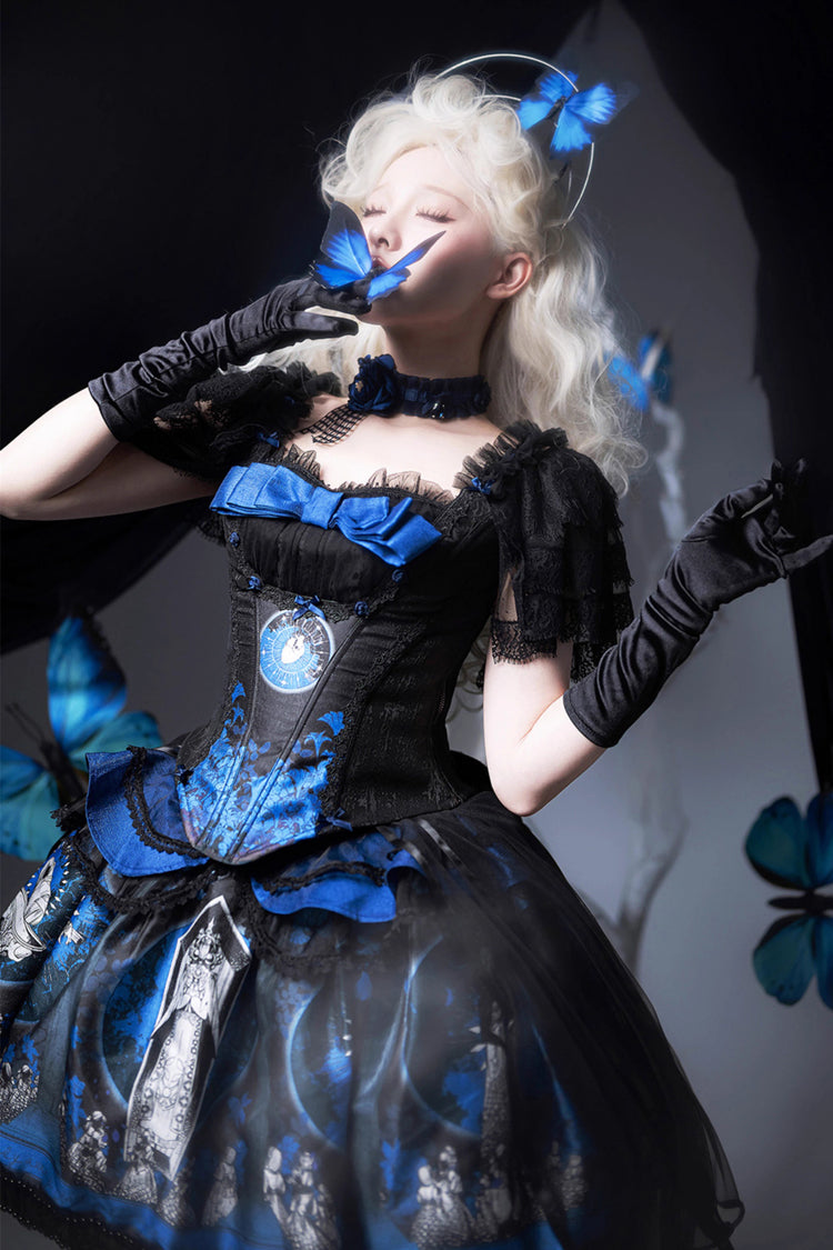 Blue Dark Moon Corridor Print Embroidery Gothic Lolita Dress Skirt