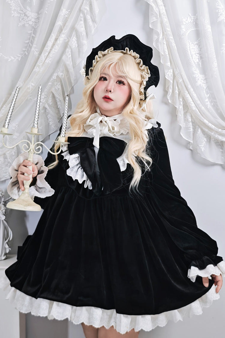 Black Antique Velvet Doll Stand Collar Long Sleeves Ruffled Bow Gothic Plus Size Lolita Dress