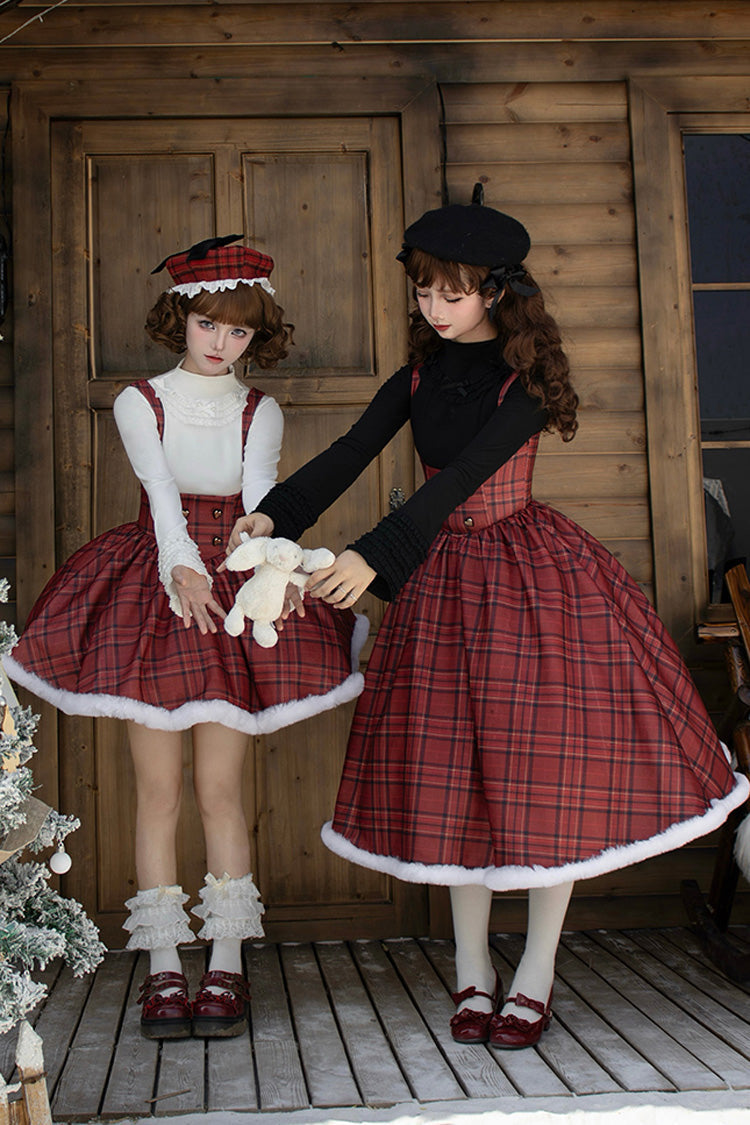 Red Striped Plaid Print Fall Winter Fishbone Sweet Corset Lolita Dress 2 Versions