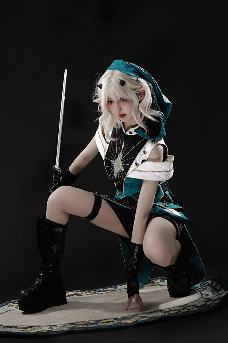 Blue/Green Traveler's Outfit Print Embroidery Hooded Ouji Fashion Sweet Handsome Lolita Set