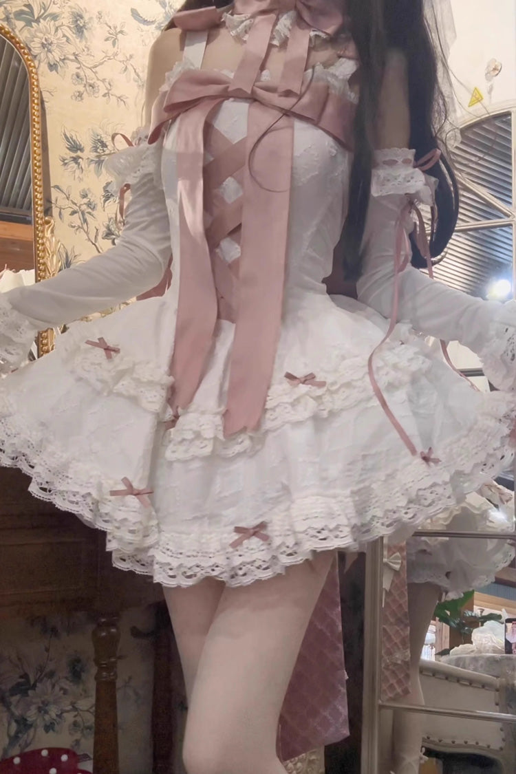 Pink/White Ribbon Embroidery Bowknot Lace-Up Sweet Elegant Princess Lolita Dress