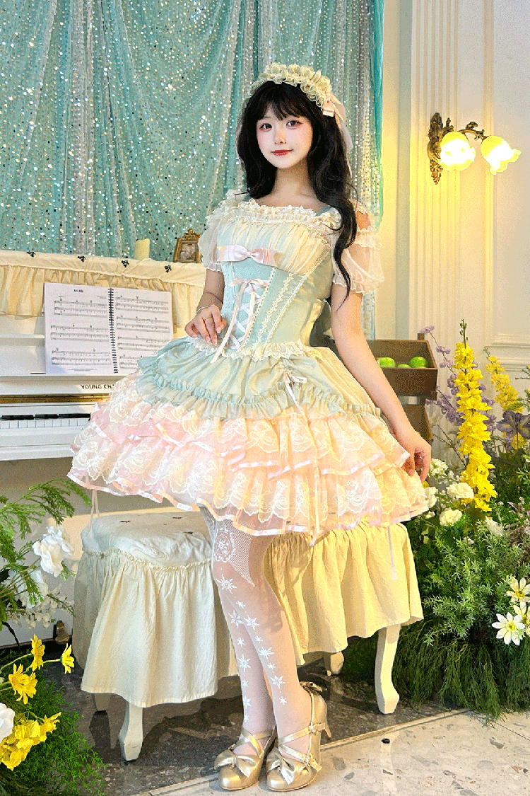 Green Bale Bebe Sleeveless Triple-Layered Ruffled Bow Lace-Up Sweet Ballet Lolita Dress