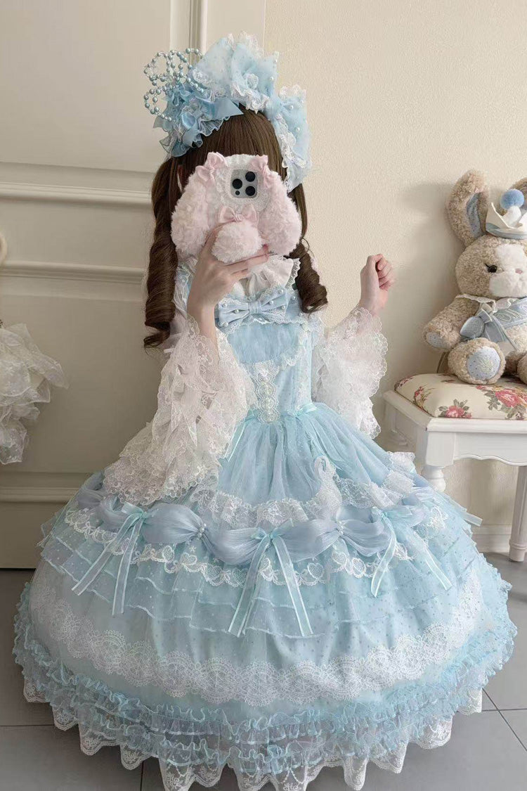 Blue Sugar Heart Knot Multi-Layered Ruffled Bow Lace Sweet Lolita Jsk Dress