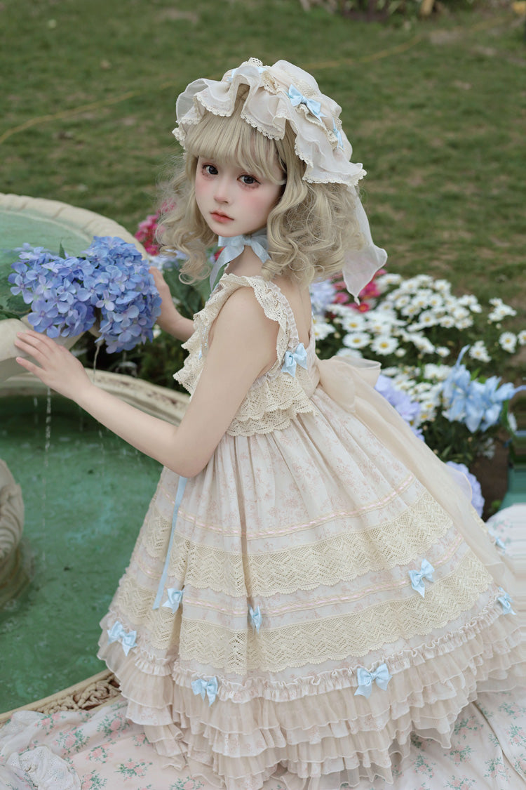 Beige Little Wind Chime Sleeveless Multi-Layered Printed Ruffled Bow Lace Sweet Elegant Princess Lolita Jsk Dress