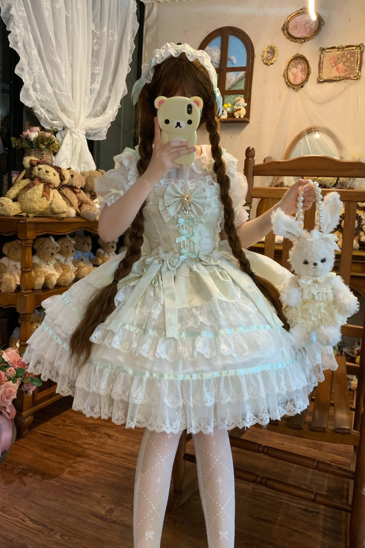 Green Snow Kissed Romance Sleeveless High Waisted Multi-Layered Bowknot Lace Pearl Sweet Ballet Lolita Jsk Dress