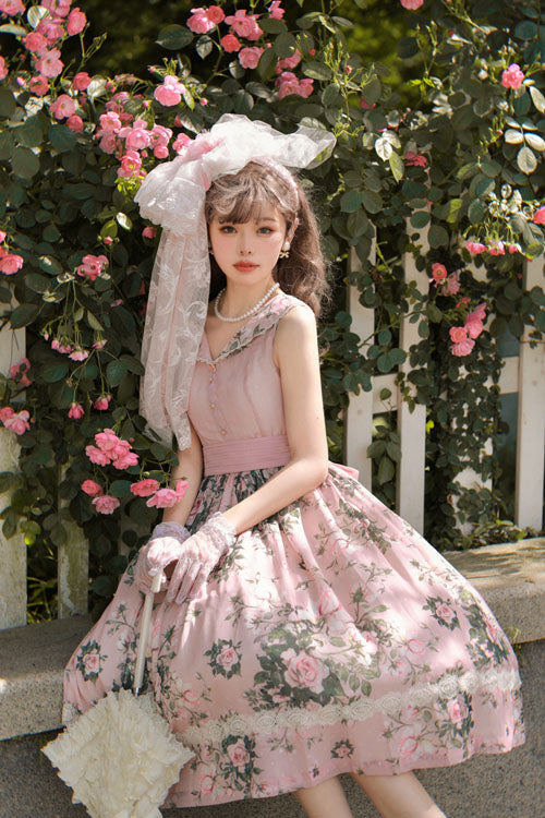 Pink Elegant Vintage French Rose Floral Print V Collar Sleeveless Ruffled Classic Lolita JSK Dress