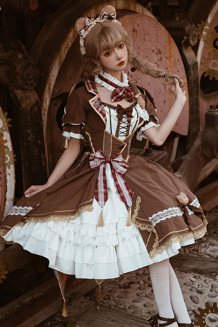White/Brown Bear Detective Short Sleeves Ruffle Cardigan Bowknot Gothic Punk Lolita Dress