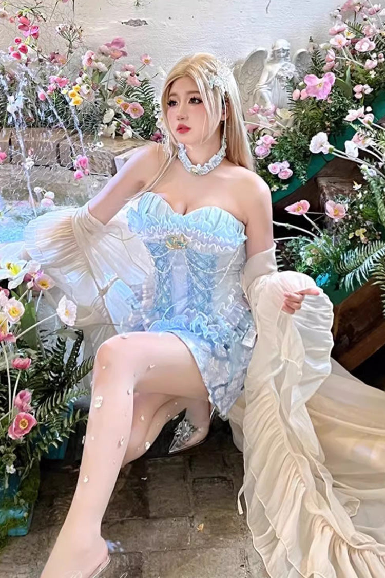 Blue Mermaid's Tears Island Romance Print Embroidery Lace Sweet Lolita Skirt Set