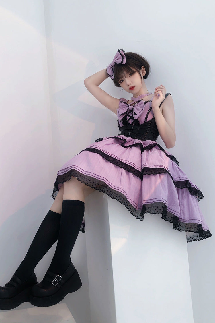 Purple First Love Triple-Layered Ruffle Bowknot Lace Sweet Lolita Jsk Dress