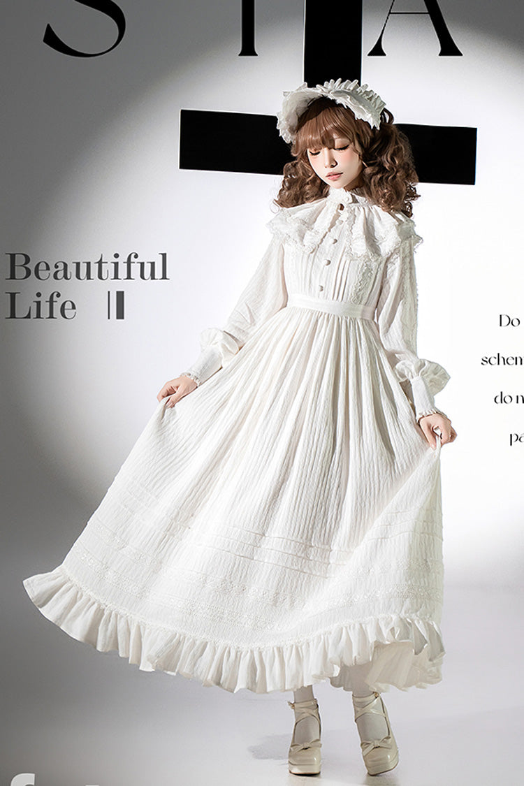 White Quiet Place Long Sleeves Jacquard Ruffle Embroidery Bowknot Gothic Lolita Dress