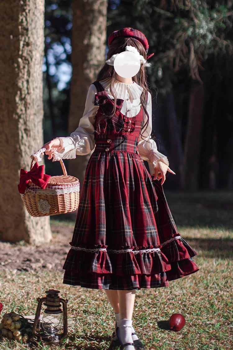Red Little Red Riding Hood Double-Layered Plaid Print Ruffle Bowknot Sweet Vintage Lolita Jumper Dress