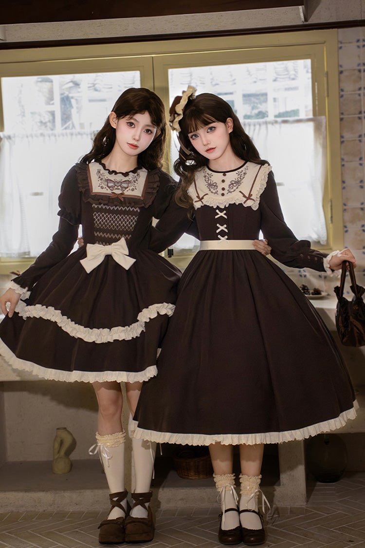 Brown Miss Brown Long Sleeves Ruffle Bouquet Embroidery Sweet Lolita Dress (Long Version)