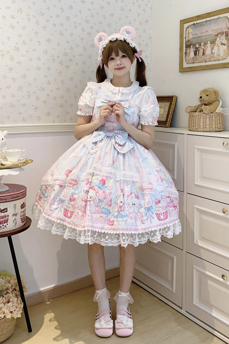 Blue Cute Rabbit Sweet Cake Print Ruffle Bowknot Lace Sweet Lolita Jsk Dress