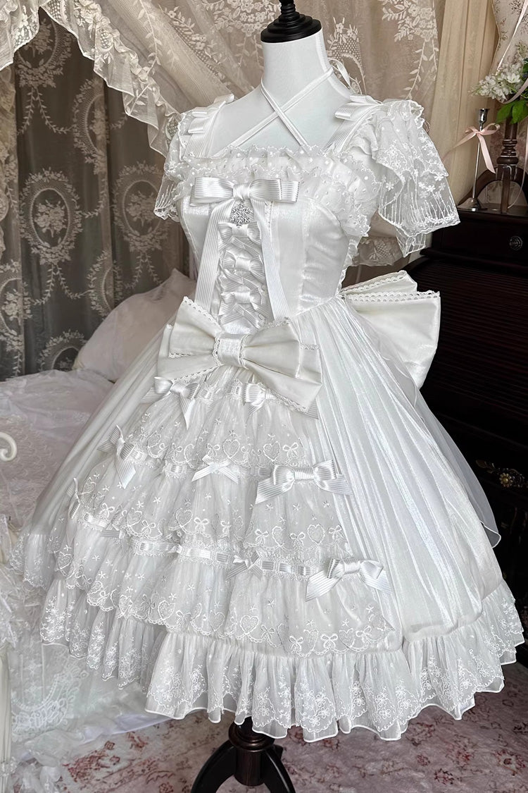 White/Pink Snow of Love Ruffled Hanayome Open-Front Bow Lace Sweet Princess Lolita Dress
