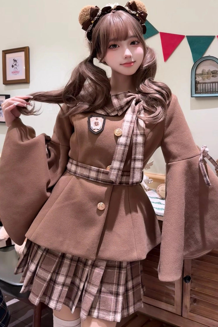 Chestnut Sea Salt Long Trumpet Sleeves Print Ruffle Bowknot Sweet Elegant Lolita Skirt Coat 2 Colors