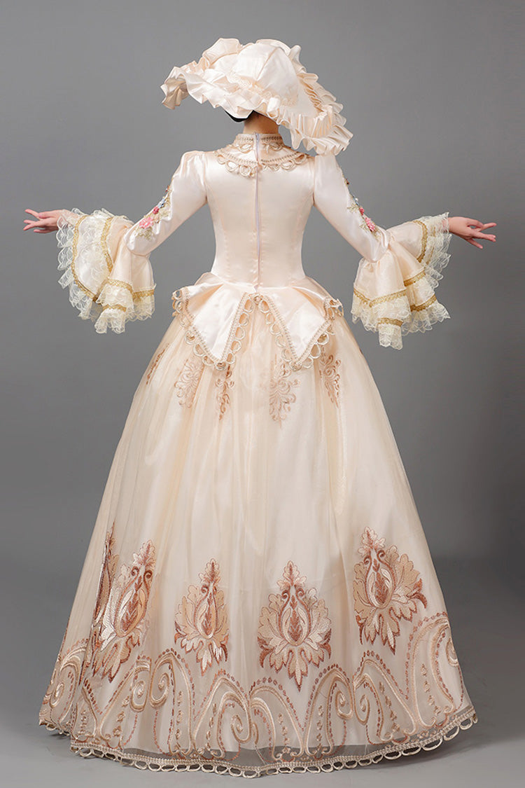 Champagne Court Style High Waisted Long Sleeves Floral Decorative Print Victorian Lolita Prom Dress
