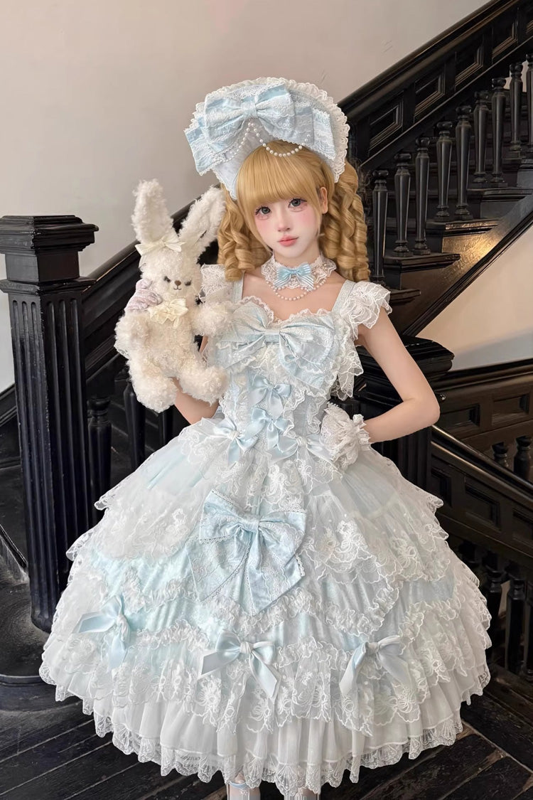 Blue Sakura Dream Romance Sleeveless Multi-Layered Ruffled Hanayome Bow Lace Sweet Princess Lolita Jsk Dress