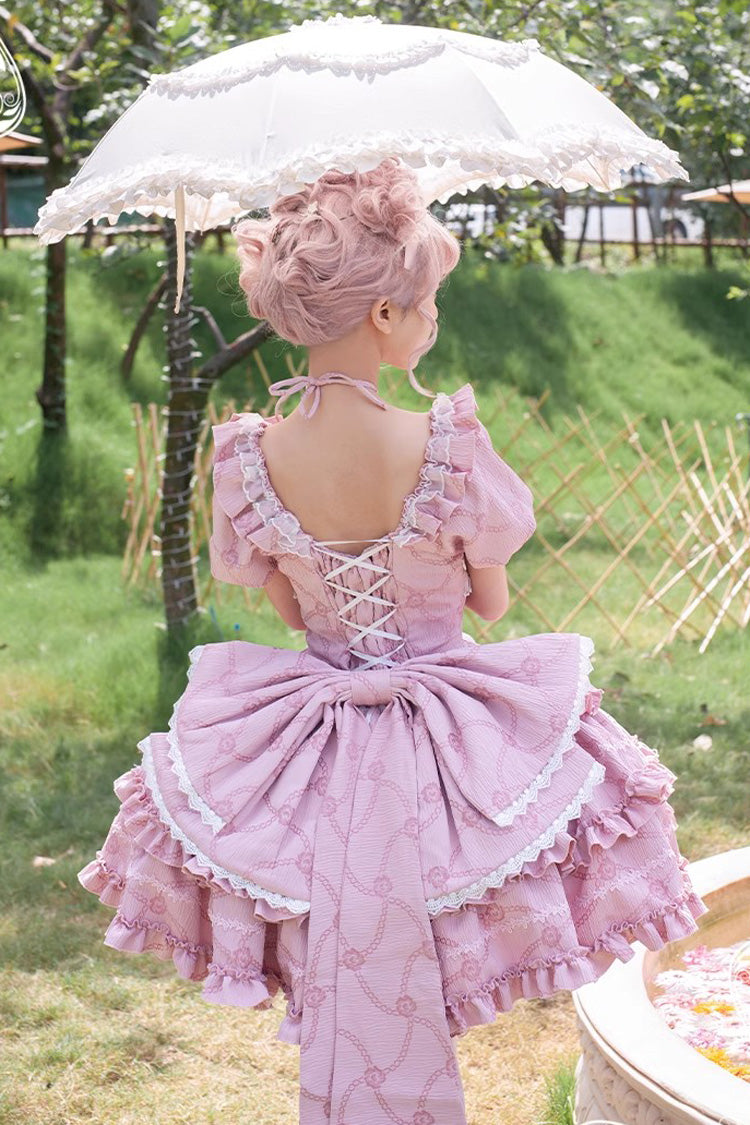 Pink Square Collar Short Sleeves Triple-Layered Ruffle Bowknot Sweet Lolita Dress