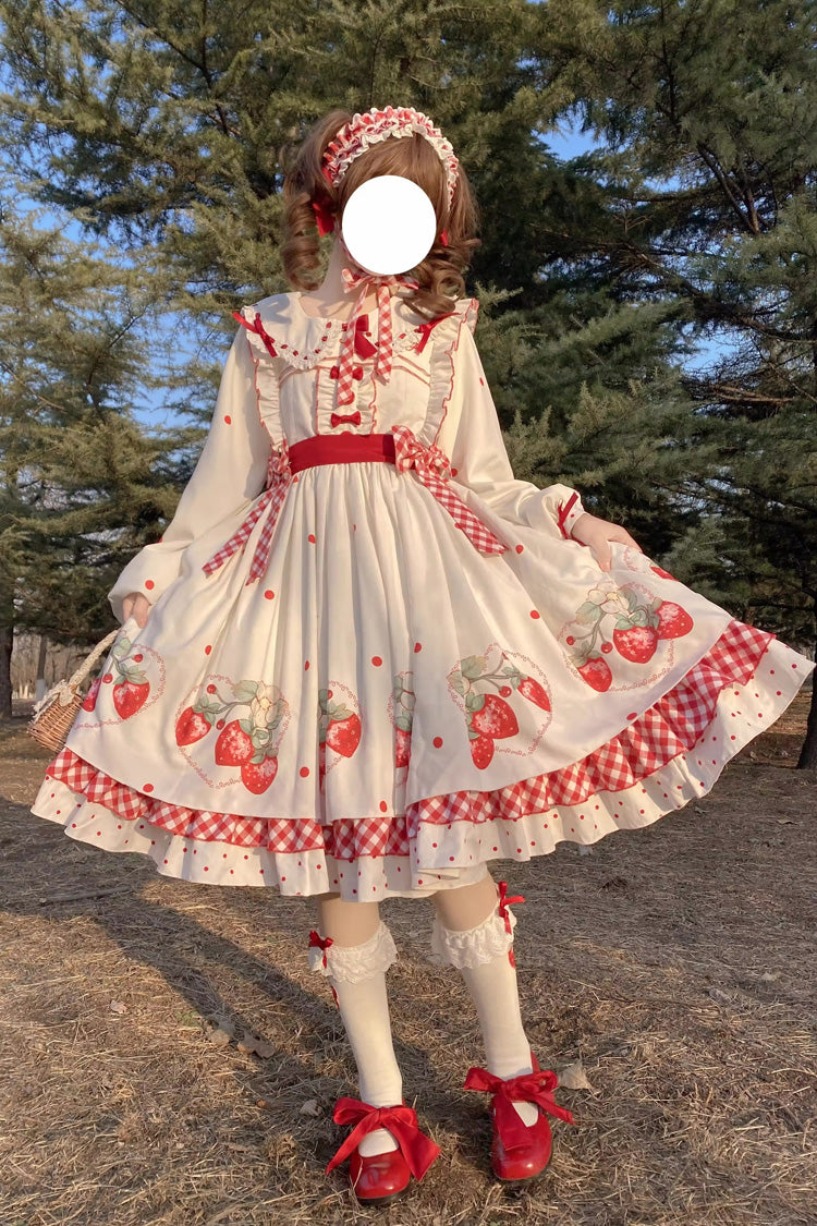 White Strawberry Print Ruffle Bowknot Sweet Lolita Dress Set