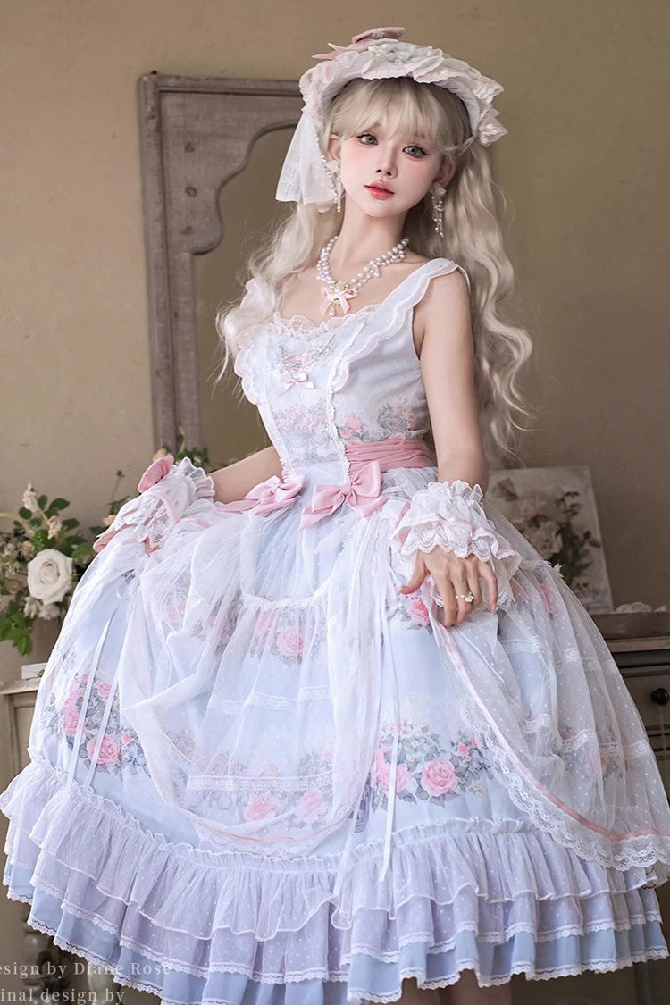 Multi-Color Rose Flower Cage Print Ruffle Bowknot Sweet Elegant Lolita Jsk Dress
