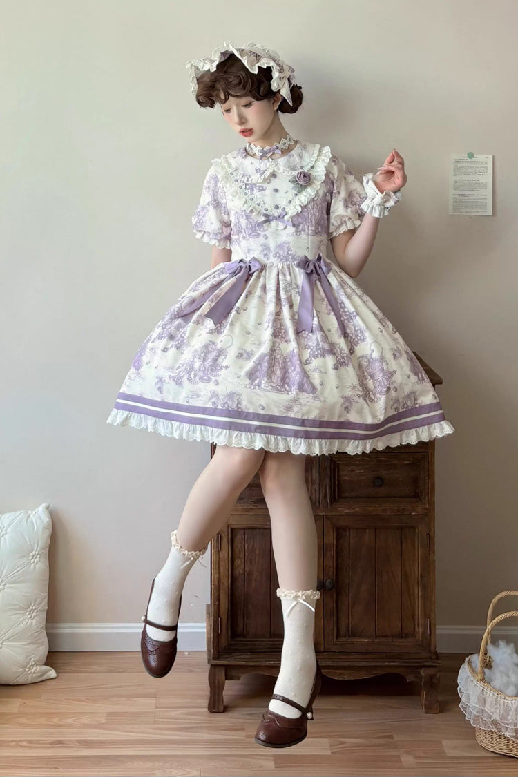 Purple Grape Moon Almanac Short Sleeves Multi-Layered Printed Ruffled Bow Sweet Lolita Dress