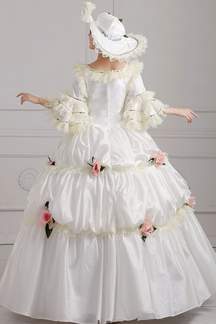 White Court Style High Waisted Flowers Victorian Lolita Prom Dress