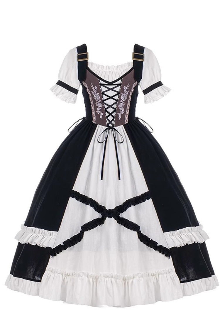 Black/White Bavarian Style Rose Embroidery Short Sleeves Sweet Lolita Dress