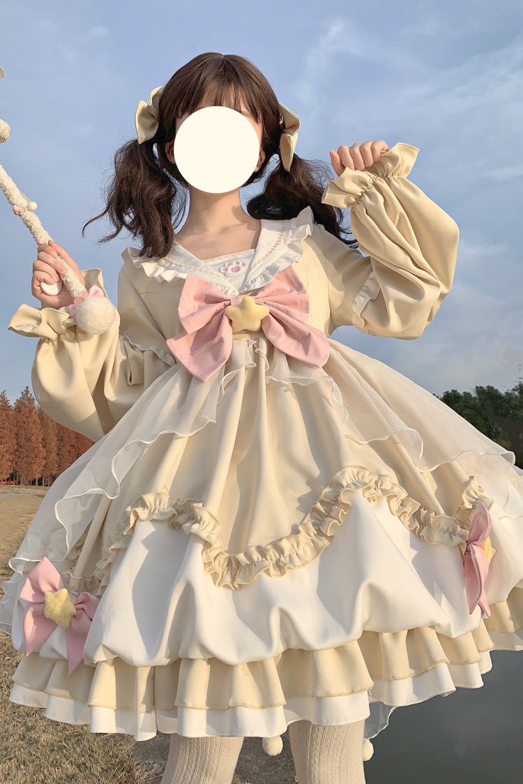Pray Star Long Sleeves Double-Layered Ruffle Bowknot Stitching Lace Sweet Lolita Dress 5 Colors