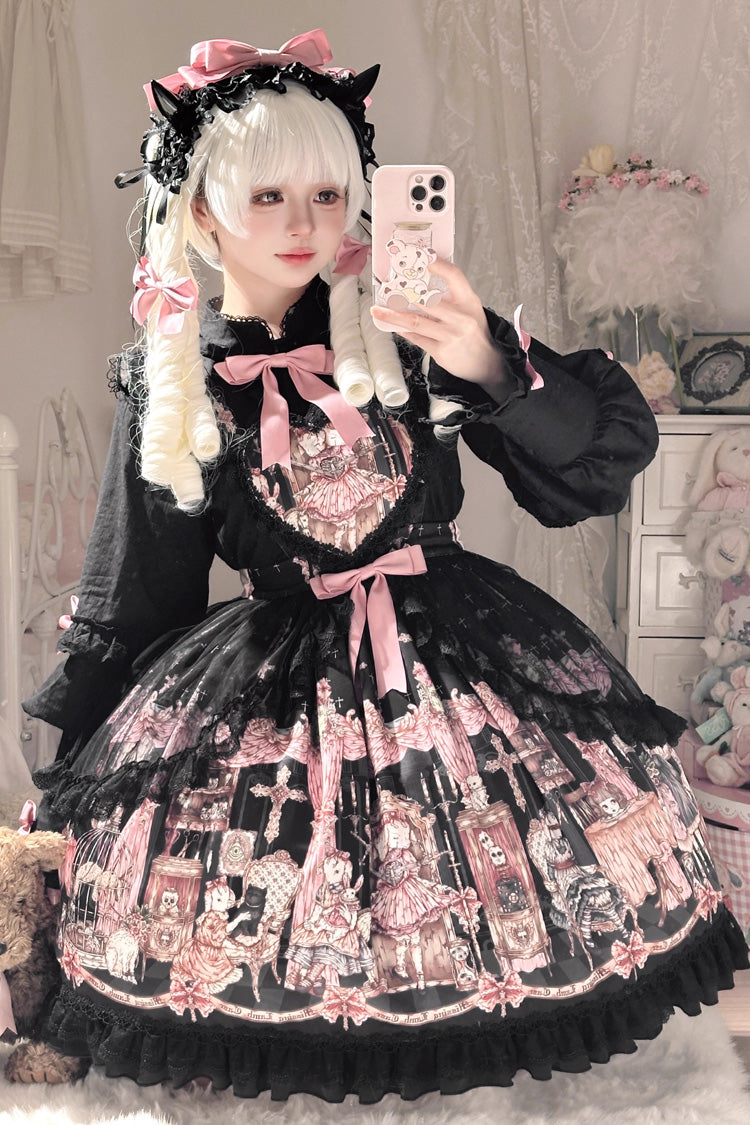 Black The Case of the Missing Lamb Print Ruffle Bowknot Lace Gothic Lolita SK Skirt