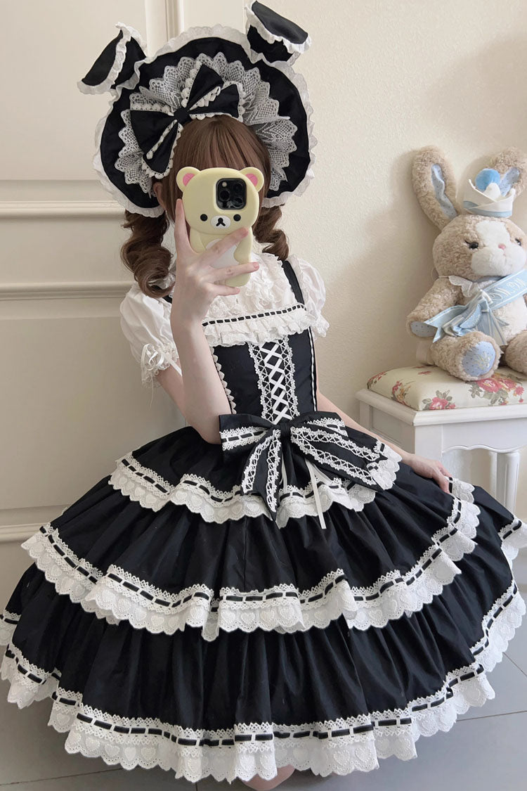 Black Maiden Heart Triple-Layered Ruffle Bowknot Lace Sweet Lolita Jsk Dress