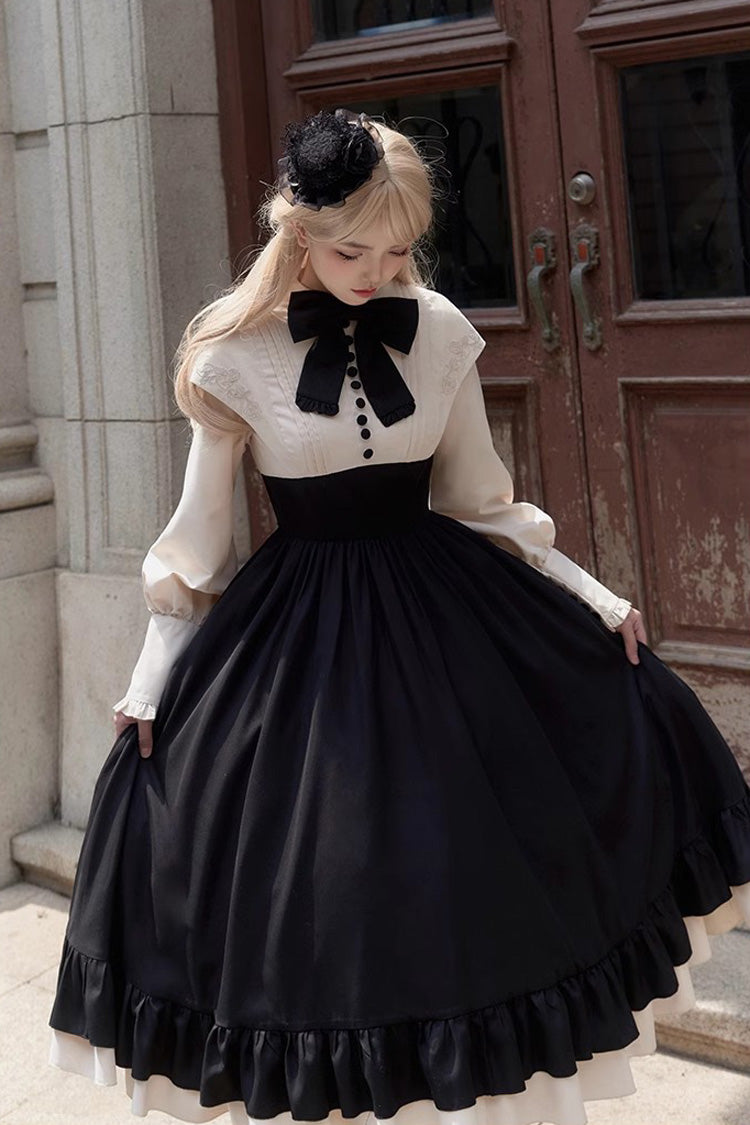 Rose Embroidery Long Sleeves Ruffle Bowknot Fake Two Pieces Elegant Lolita Dress 2 Colors