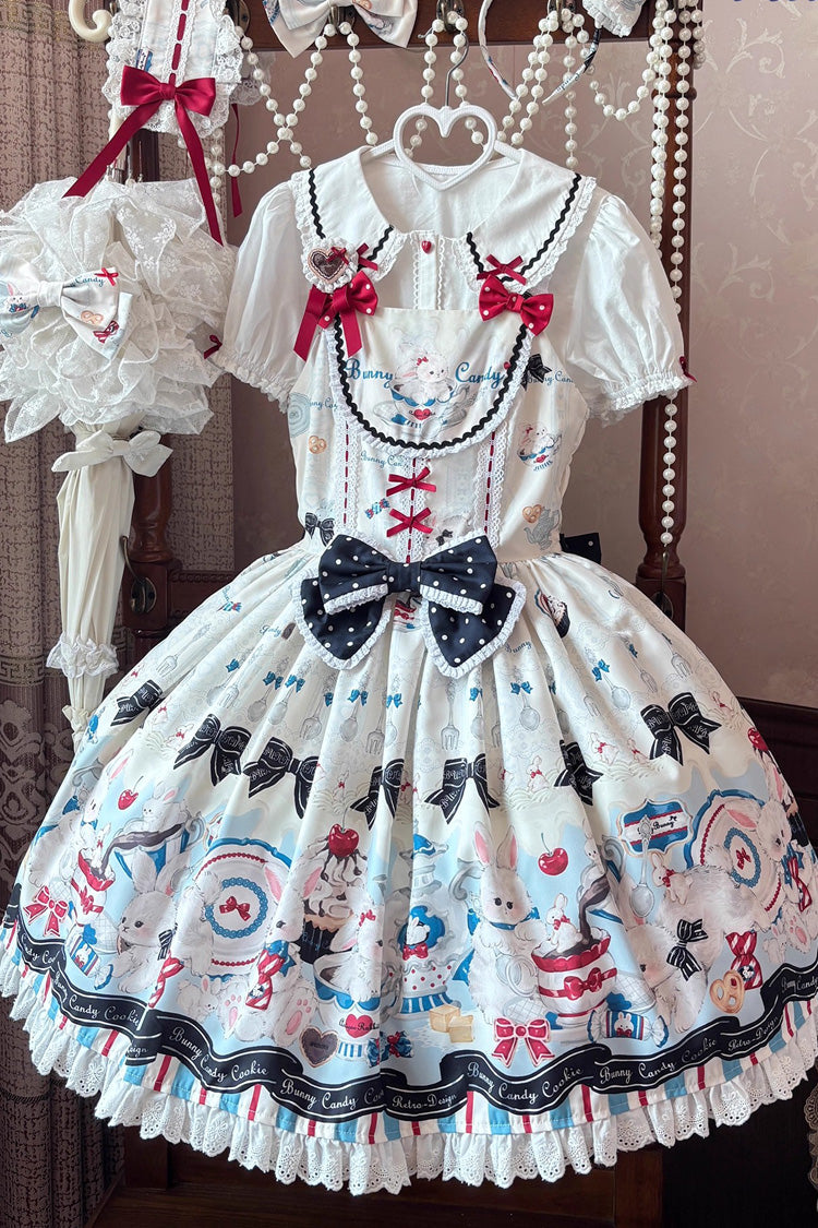Beige Mystery Rabbit Tea Party Sleeveless Print Ruffle Bowknot Lace Sweet Lolita Jsk Dress