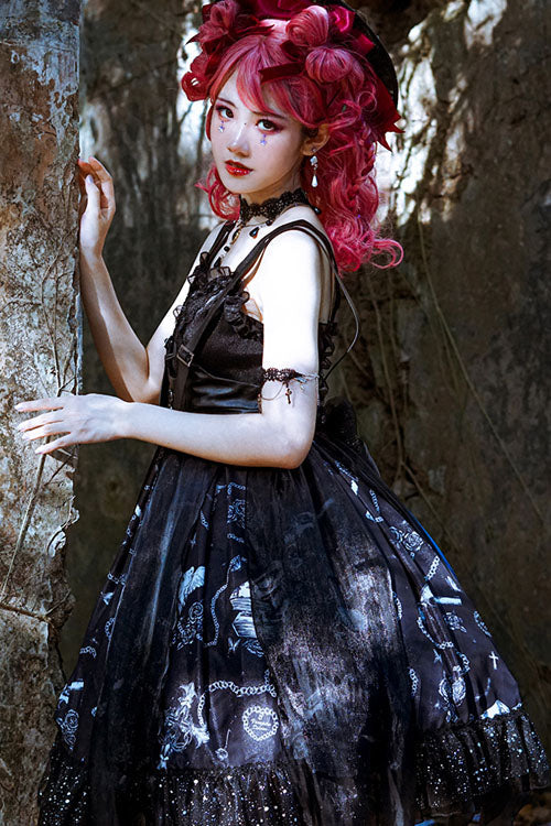 Dark Blue Vampire Diaries Theme Bowknot Ruffled Gothic Lolita JSK Dress Full Set