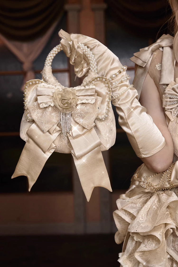 Champagne Satin Gilded 3D Bow Pearl-Decorated Sweet Lolita Handbag