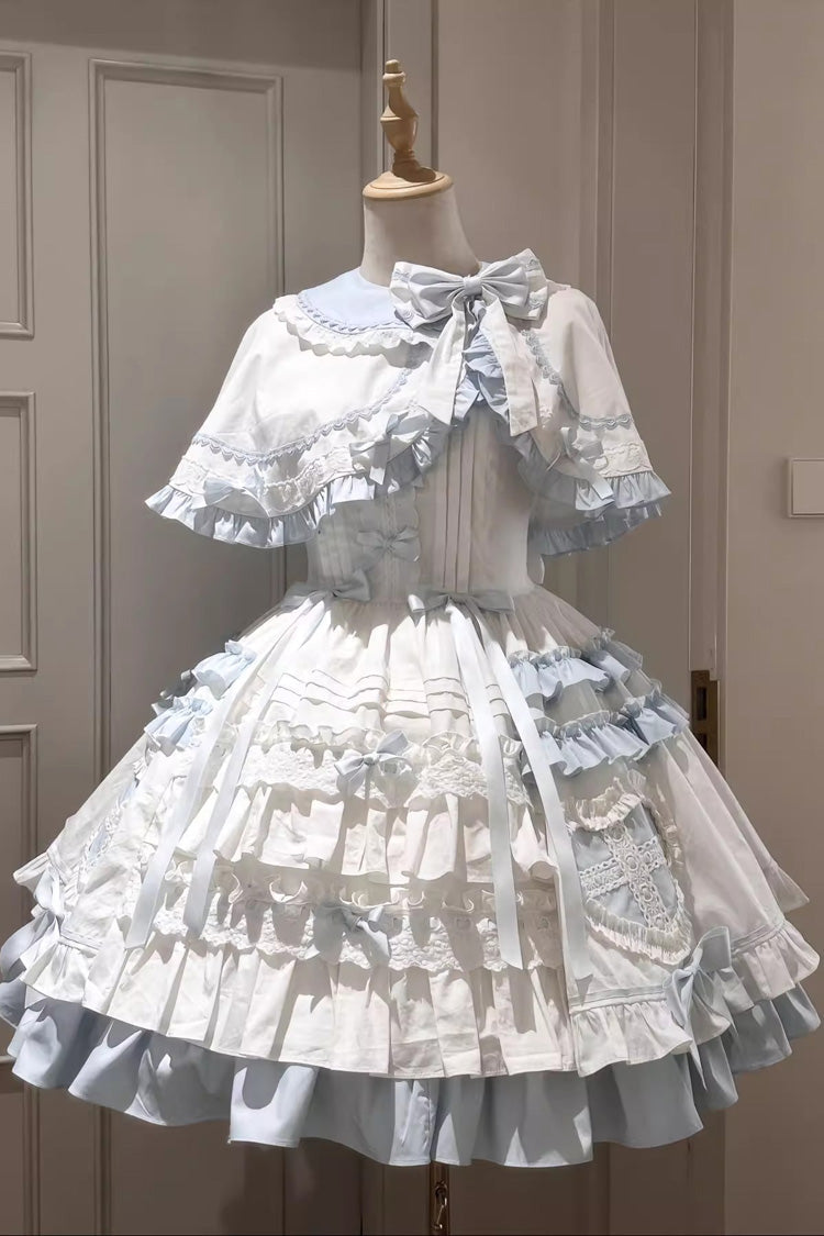 White/Blue Window Dolls Multi-Layered Ruffle Love Bowknot Sweet Princess Lolita Jsk Dress with Cape