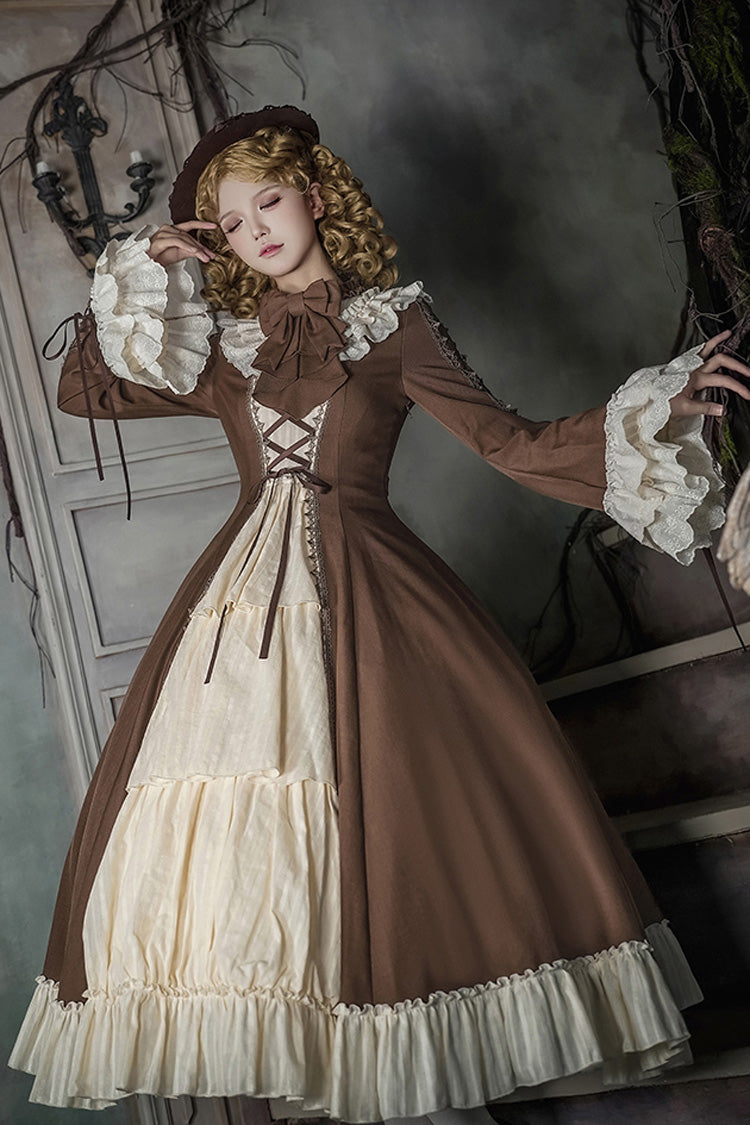 Brown/Beige Nutcracker Stand Collar Long Trumpet Sleeves Ruffle Cardigan Bowknot Lace-Up Sweet Lolita Dress Set 2 Versions