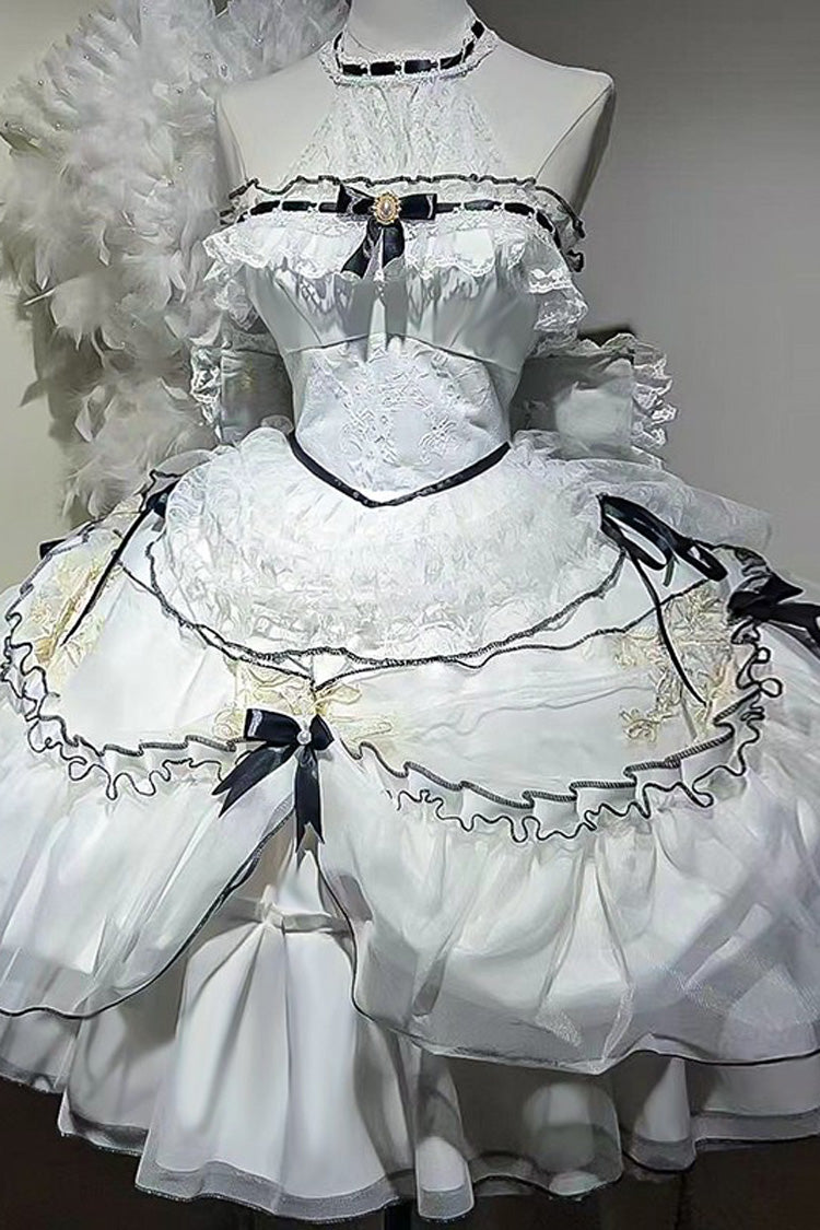 White Cascade Poem Sleeveless Multi-Layered Ruffle Hanayome Bowknot Lace Gothic Plus Size Gorgeous Lolita Jsk Short Dress