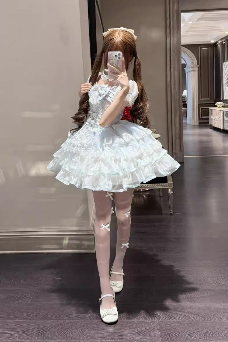 White/Blue Ice Dance Halterneck Multi-Layered Bowknot Lace Sweet Ballet Lolita Dress