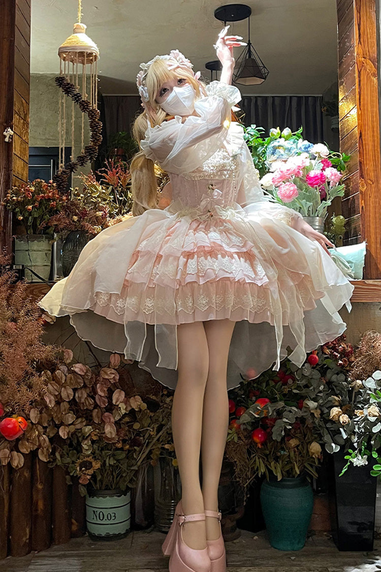 Tears of Rose Sleeveless Multi-Layered Ruffle Cardigan Bowknot Lace Sweet Ballet Lolita Jsk Dress 2 Colors