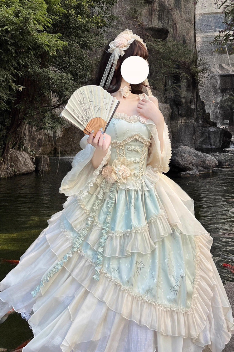Green Tea Bamboo Song Sleeveless Print Ruffle Bowknot Sweet Chinese Style Elegant Ballet Lolita Jsk Long Dress