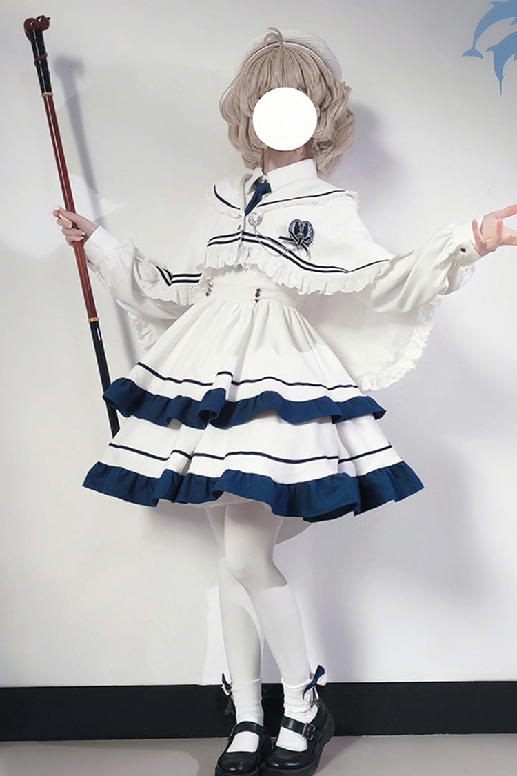 White Long Sleeves Double-Layered Ruffle Sweet College Style Lolita Dress