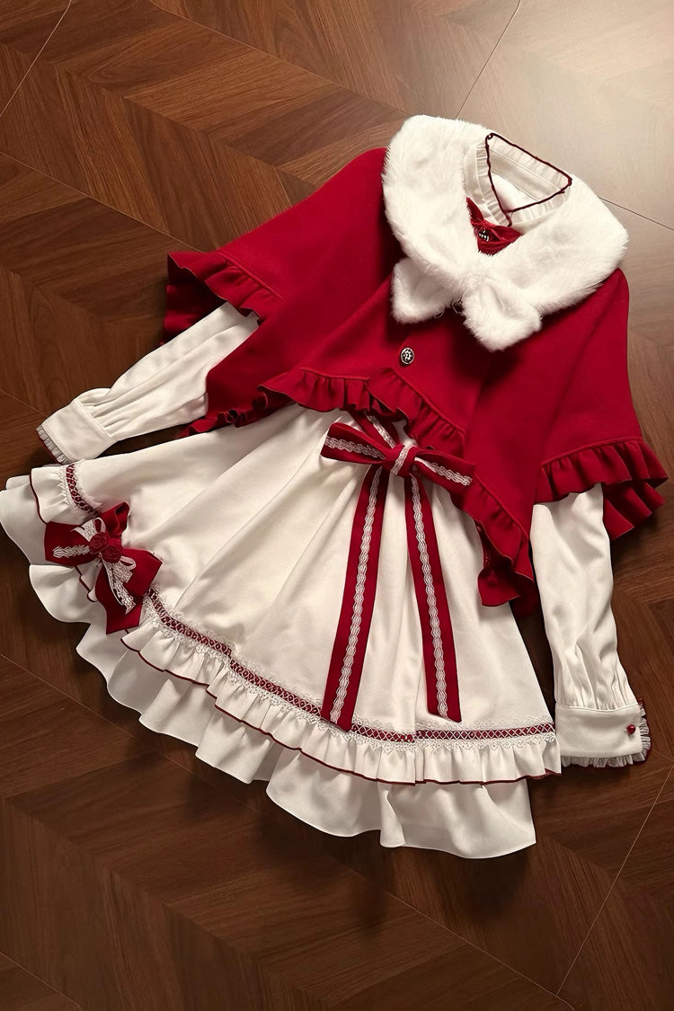 Red/White Red Vow Stand Collar Long Sleeves Multi-Layered Ruffled Bow Sweet Lolita Dress
