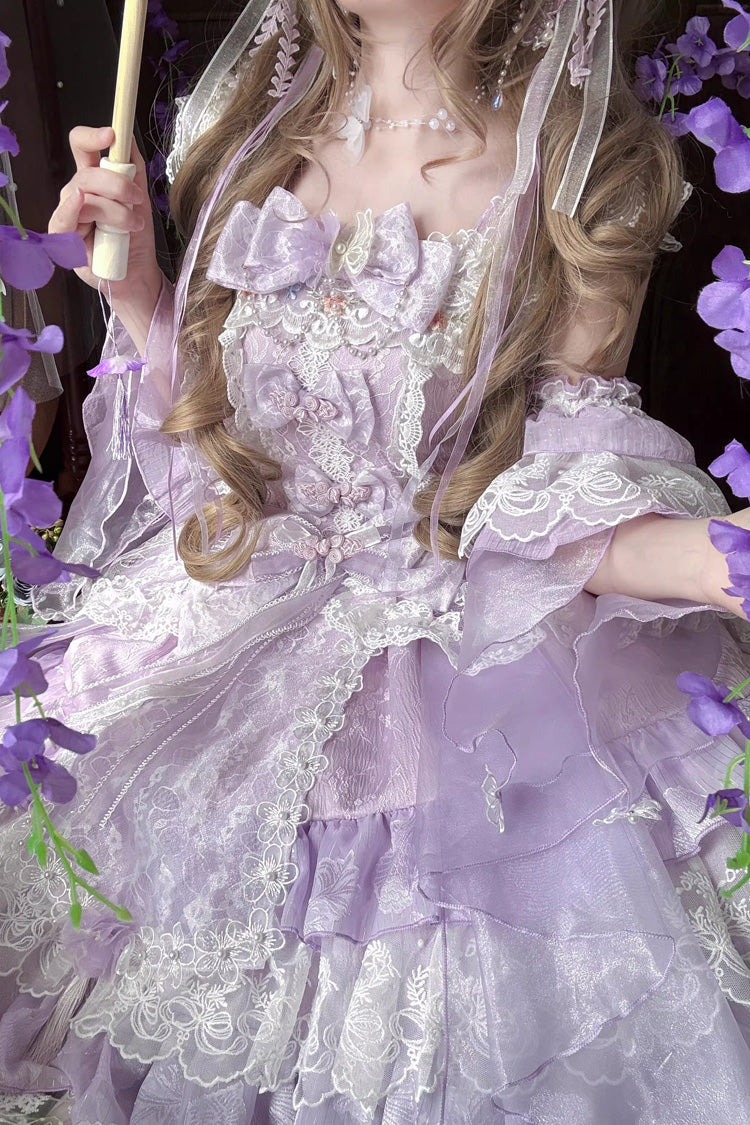 Purple Spring Waters Reflecting Pear Blossoms Ruffled Embroidered Open-Front Bow Lace Sweet Lolita Jsk Dress