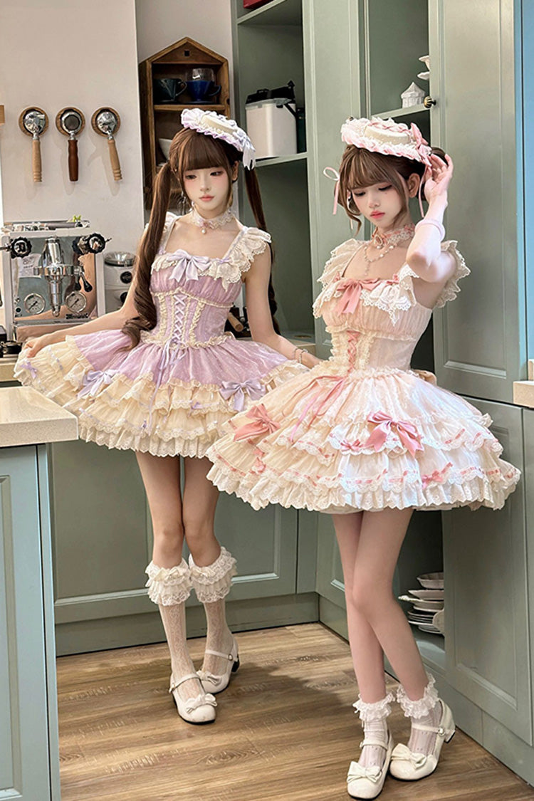 Purple Flory Butterfly Double-Layered Ruffle Bowknot Lace Lace-Up Sweet Ballet Lolita Jsk Dress