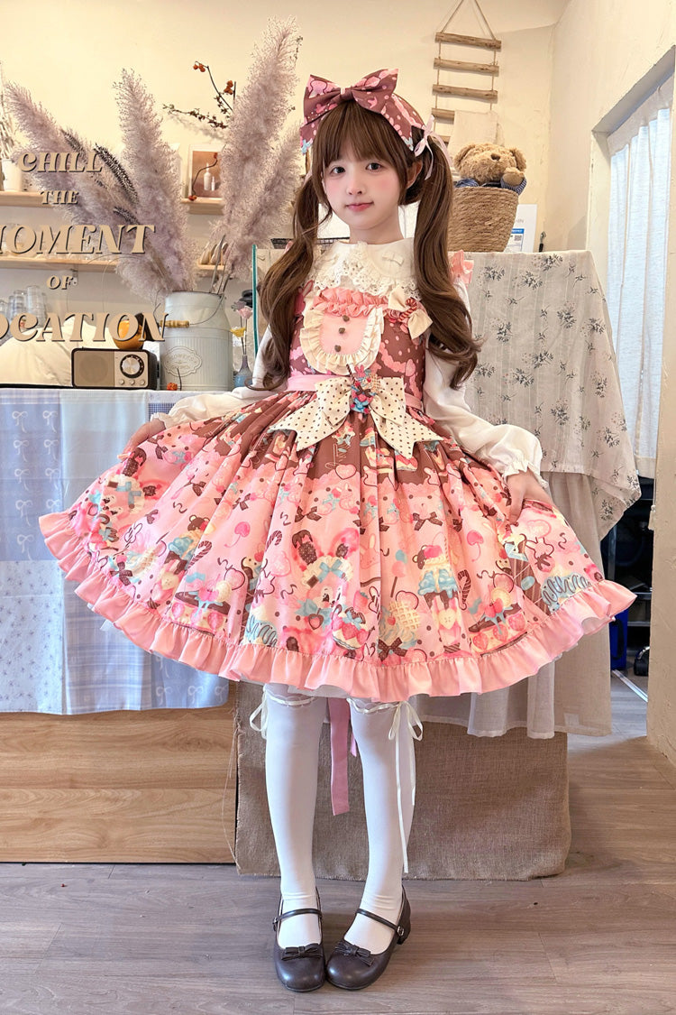 Pink Bunny Tea Party Sleeveless Print Ruffle Bowknot Daily Sweet Lolita Jsk Dress